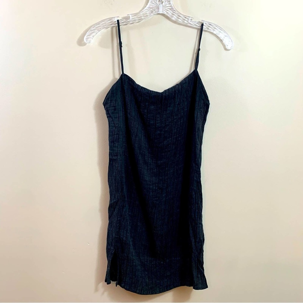 Zara Crinkled Textured Side Slit Black Slip Dress